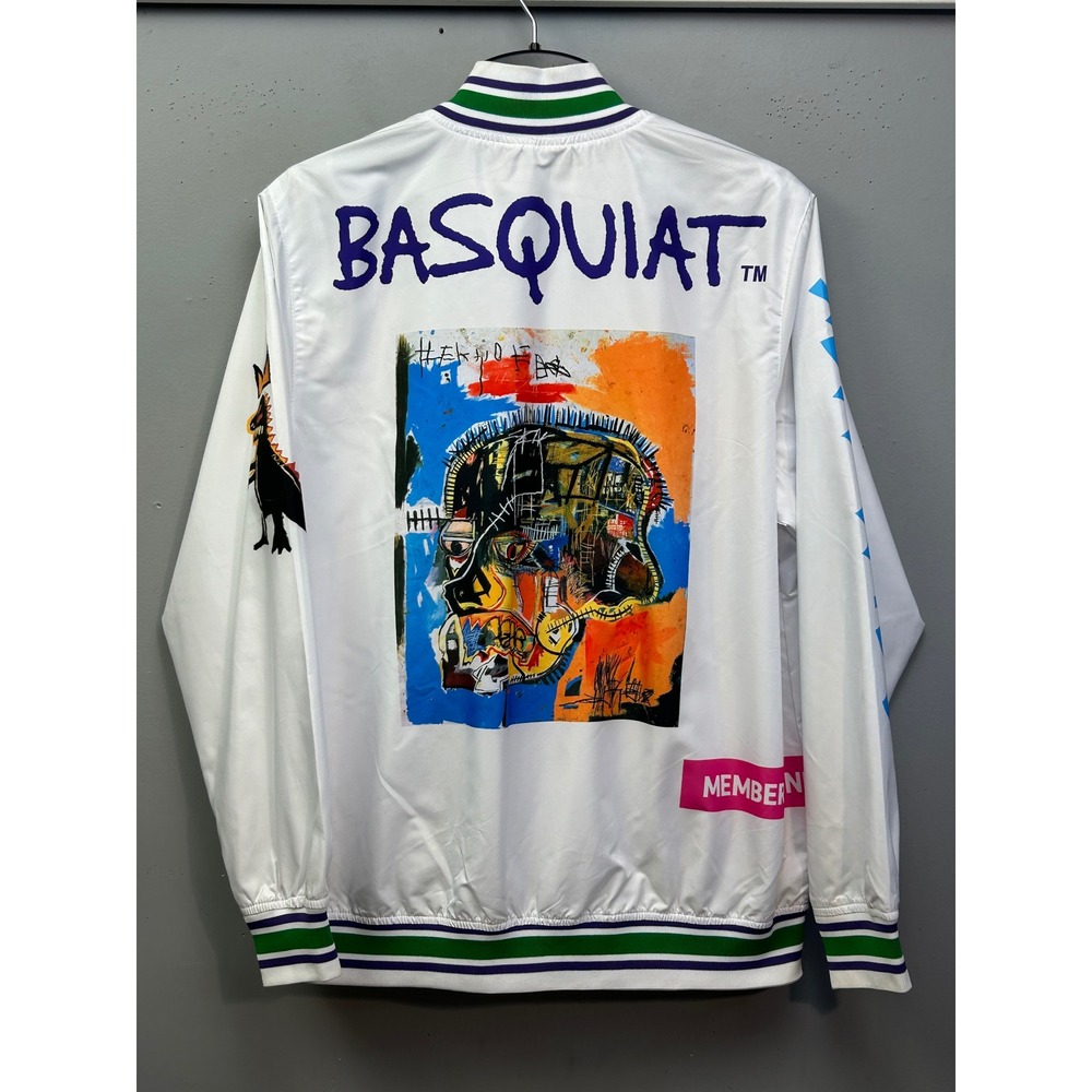 Members Only Bomber Jacket Men Medium White Basquiat Art Graphic Full Zip Street